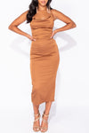 Brown Satin Cowl Neck Bodycon Midi Dress