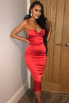 Red Satin Cowl Neck Bodycon Midi Dress