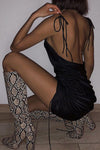 Black Satin Cowl Ruched Slip Mini Dress