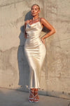 Gold Satin Slip Cowl Neck Maxi Dress