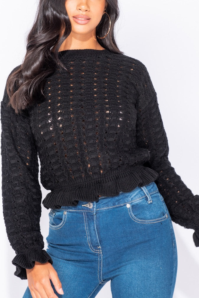 Black Pontelle Frill Hem Cropped Jumper