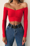 Red Ruched Rib Off Shoulder Crop Top