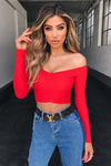 Red Ruched Rib Off Shoulder Crop Top