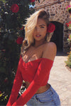 Red Ruched Rib Off Shoulder Crop Top