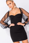 Black Sheer Puff Sleeve Bustier Mini Dress