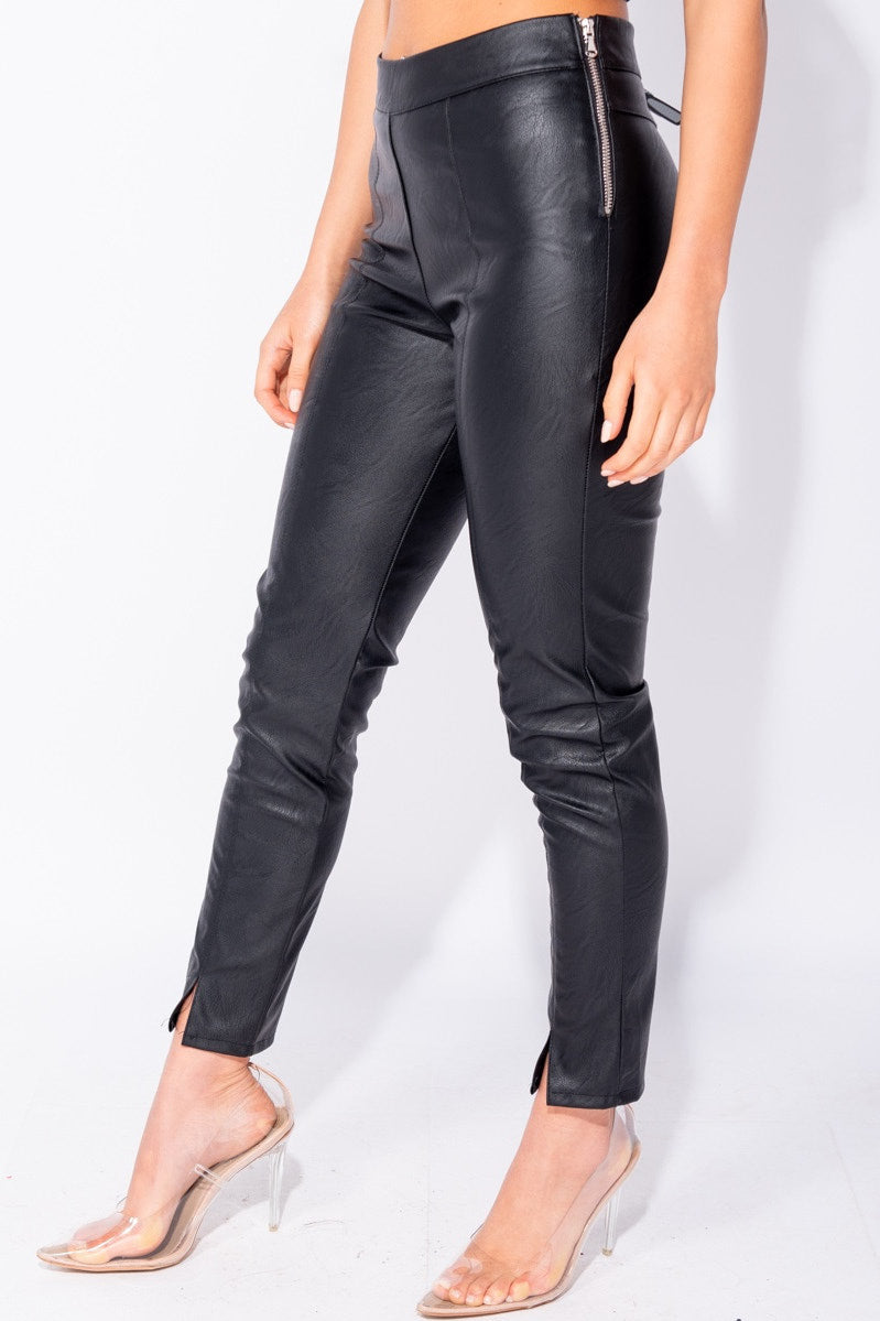 Black Faux Leather Split Front Trousers