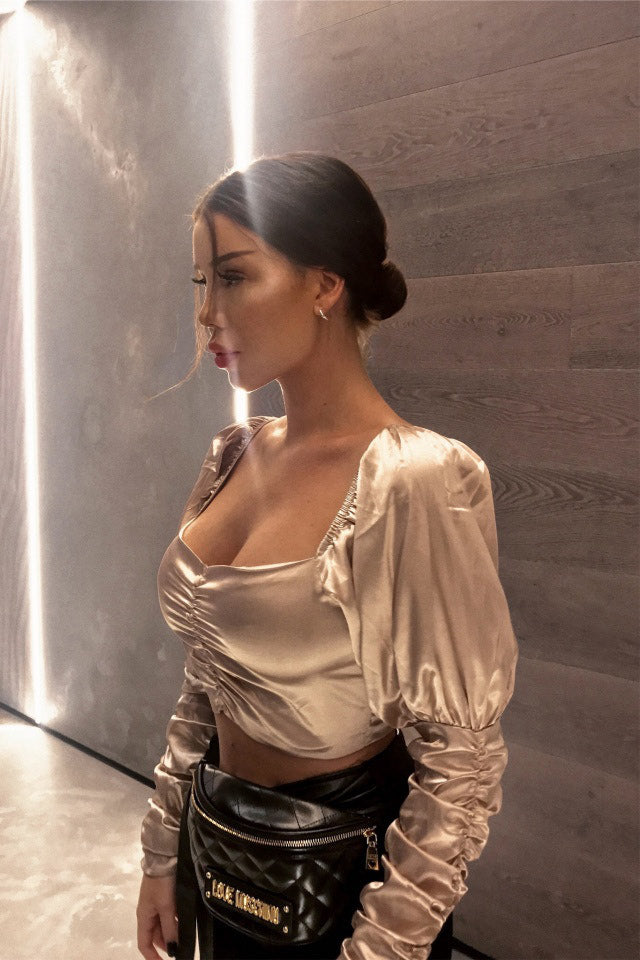 Blush Pink Satin Puff Sleeve Button Crop Top