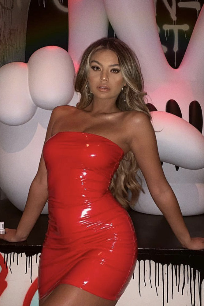 Red Vinyl Bandeau Bodycon Mini Dress