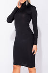 Black Rib Knit Turtle Neck Long Sleeve Midi Dress