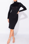 Black Rib Knit Turtle Neck Long Sleeve Midi Dress