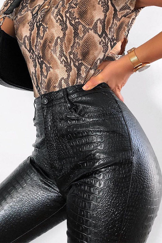 Black Faux Leather Croc Trousers