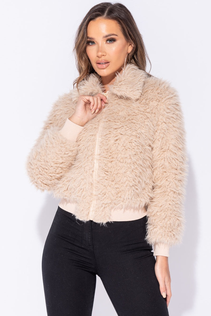 Camel Faux Fur Shaggy Cropped Bomber Jacket