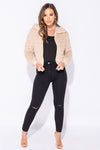 Camel Faux Fur Shaggy Cropped Bomber Jacket