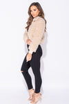 Camel Faux Fur Shaggy Cropped Bomber Jacket