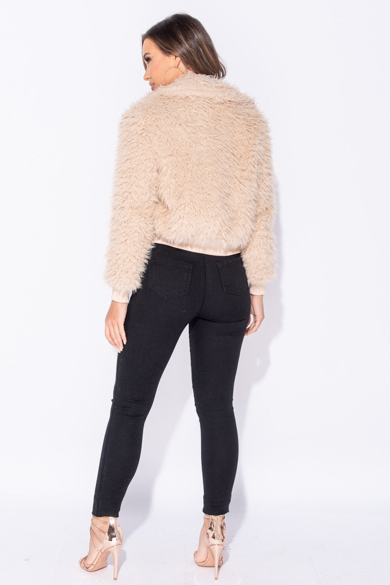 Camel Faux Fur Shaggy Cropped Bomber Jacket