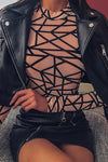Nude Abstract Print Mesh Long Sleeve Bodysuit