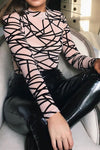Nude Abstract Print Mesh Long Sleeve Bodysuit