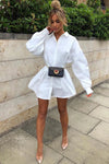 White Cinched Waist Shirt Dress