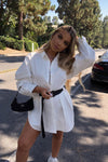White Cinched Waist Shirt Dress