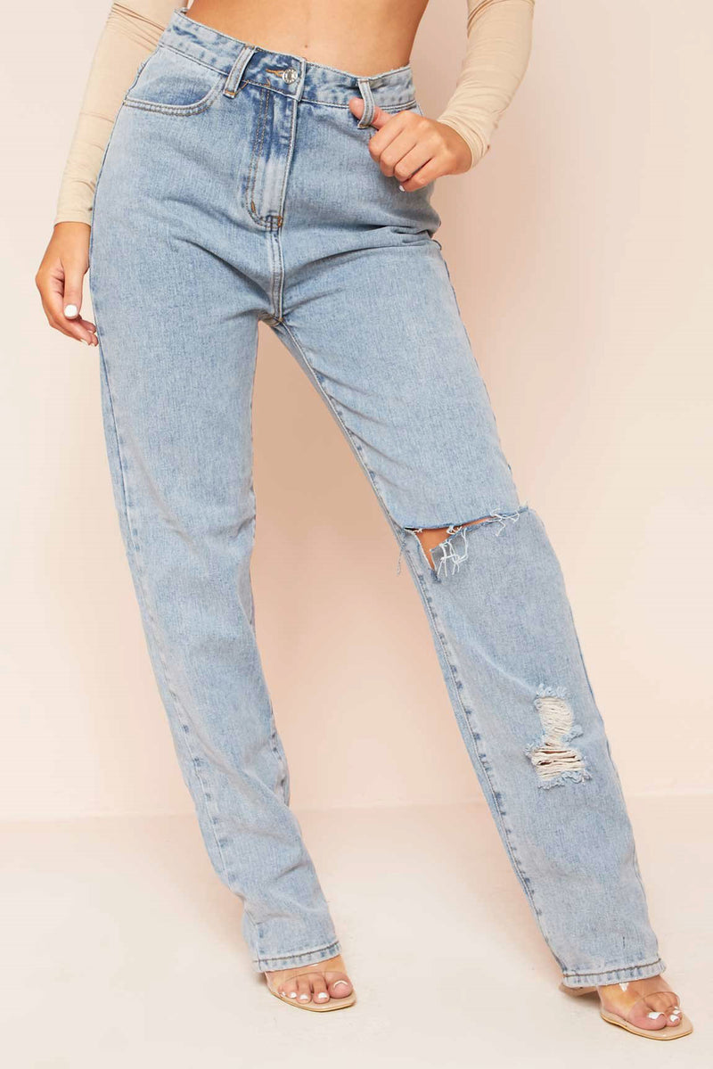 Light Wash Distressed Ripped Straight Leg Jeans