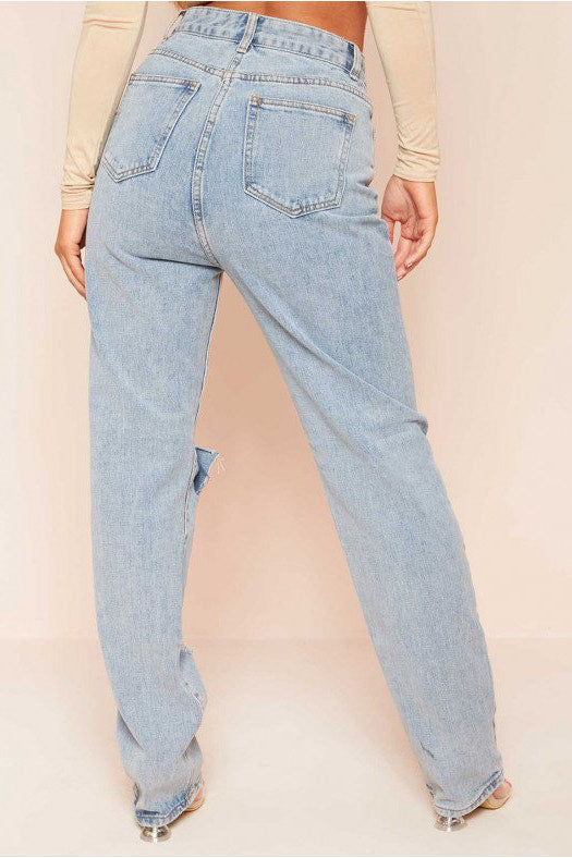Light Wash Distressed Ripped Straight Leg Jeans