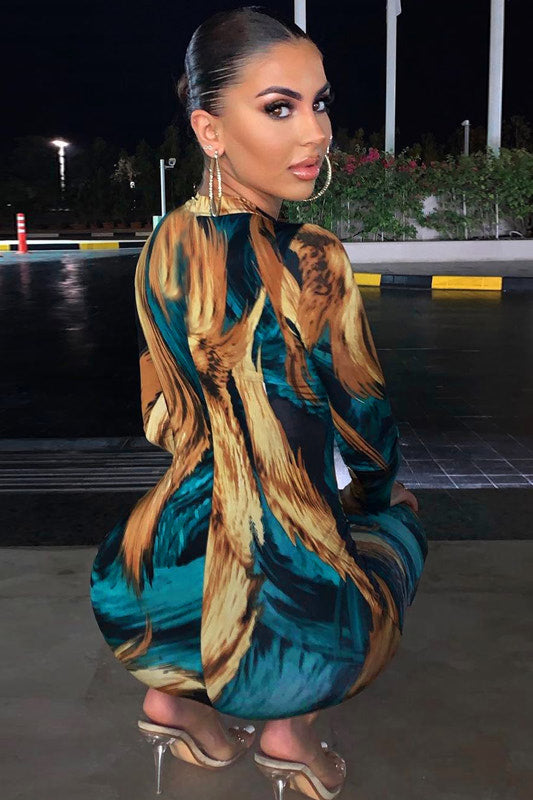 Green Printed High Neck Long Sleeve Midi Dress