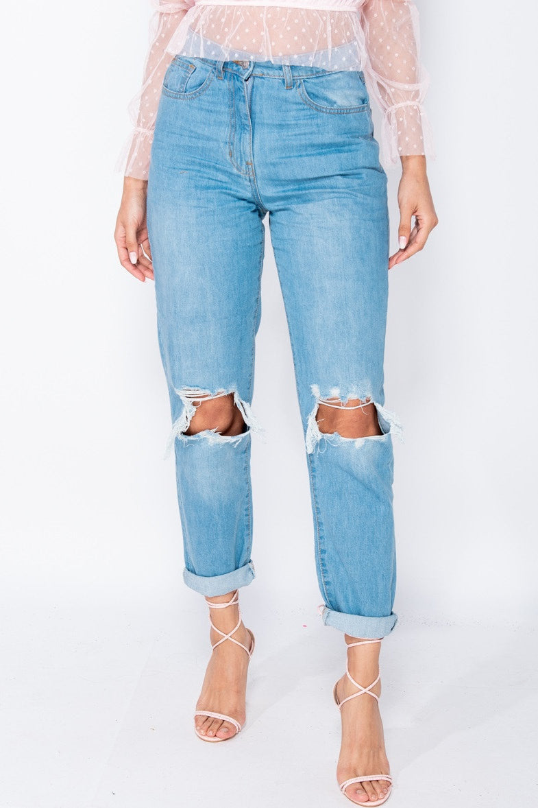 Light Wash Ripped High Waisted Boyfriend Jeans