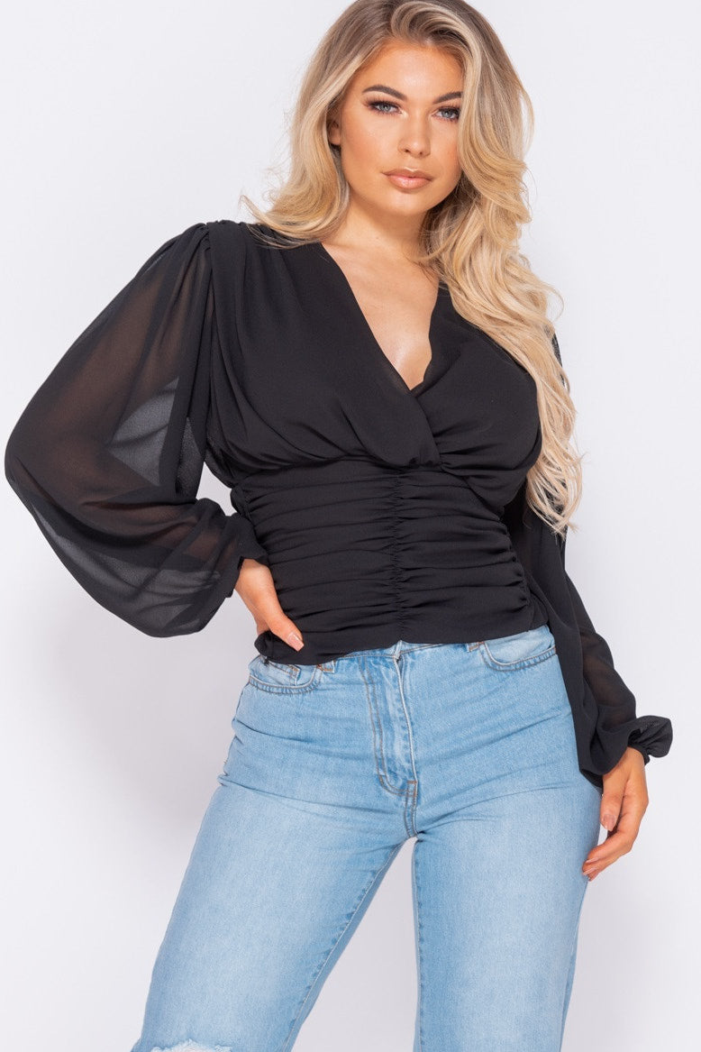 Black Puff Sleeve Ruched Wrap Front Top