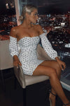 White Polka Dot Ruched Off Shoulder Mini Dress