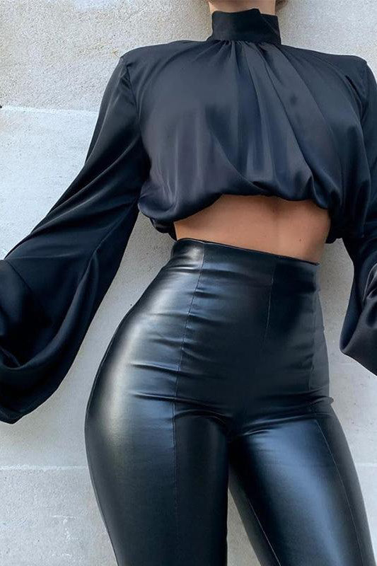 Black Satin Balloon Sleeve High Neck Crop Top