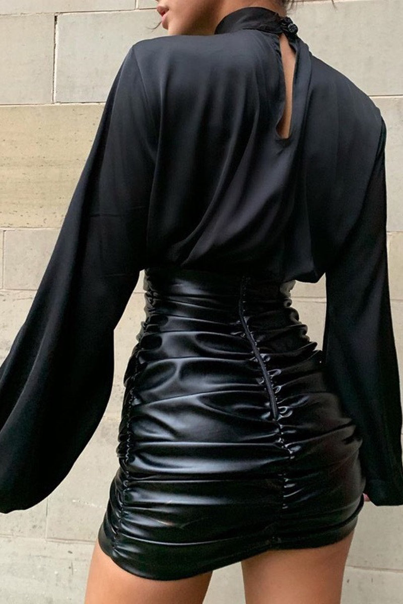 Black Satin Balloon Sleeve High Neck Crop Top