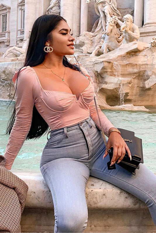 Pink Underwired Puff Shoulder Long Sleeve Crop Top