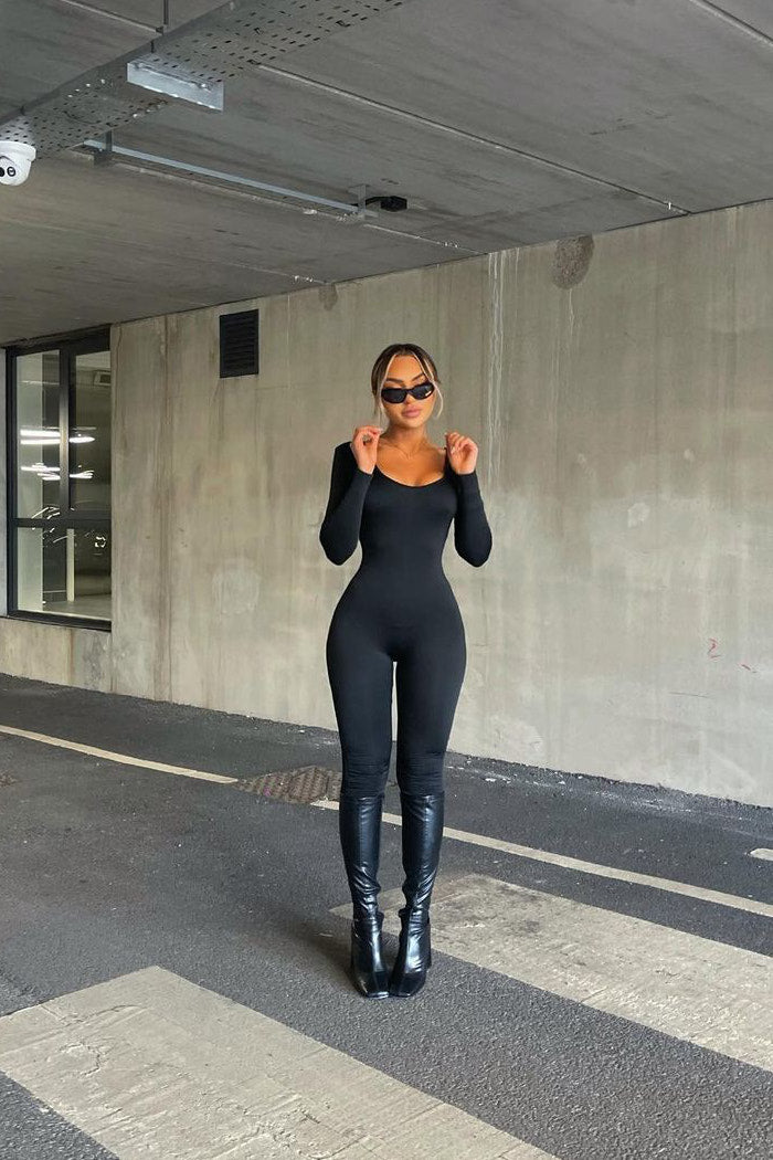 Black Seamless Plunge Long Sleeve Jumpsuit