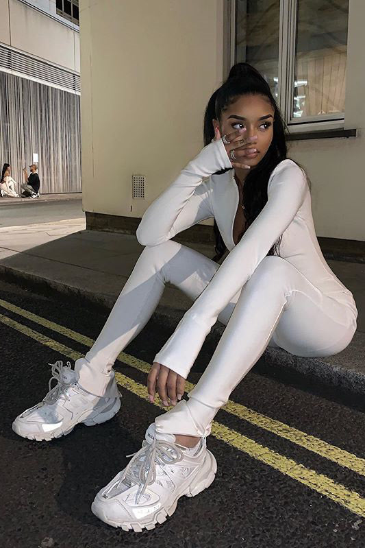 White Zip Front High Neck Jumpsuit