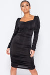 Black Puff Sleeve Ruched Sweetheart Neck Midi Dress