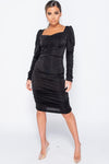 Black Puff Sleeve Ruched Sweetheart Neck Midi Dress