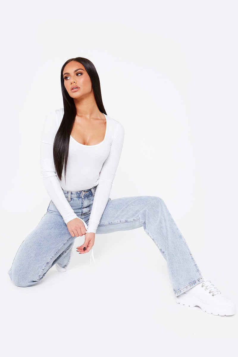 White Ruched Sleeve High Leg Bodysuit