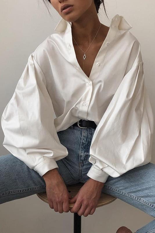 White Puff Sleeve Button Front Shirt