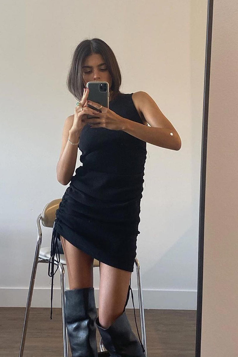 Black Ribbed Sleeveless Ruched Mini Dress