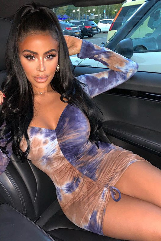 Blue Tie Dye Off Shoulder Ruched Dress