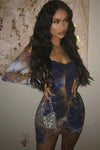 Blue Tie Dye Off Shoulder Ruched Dress