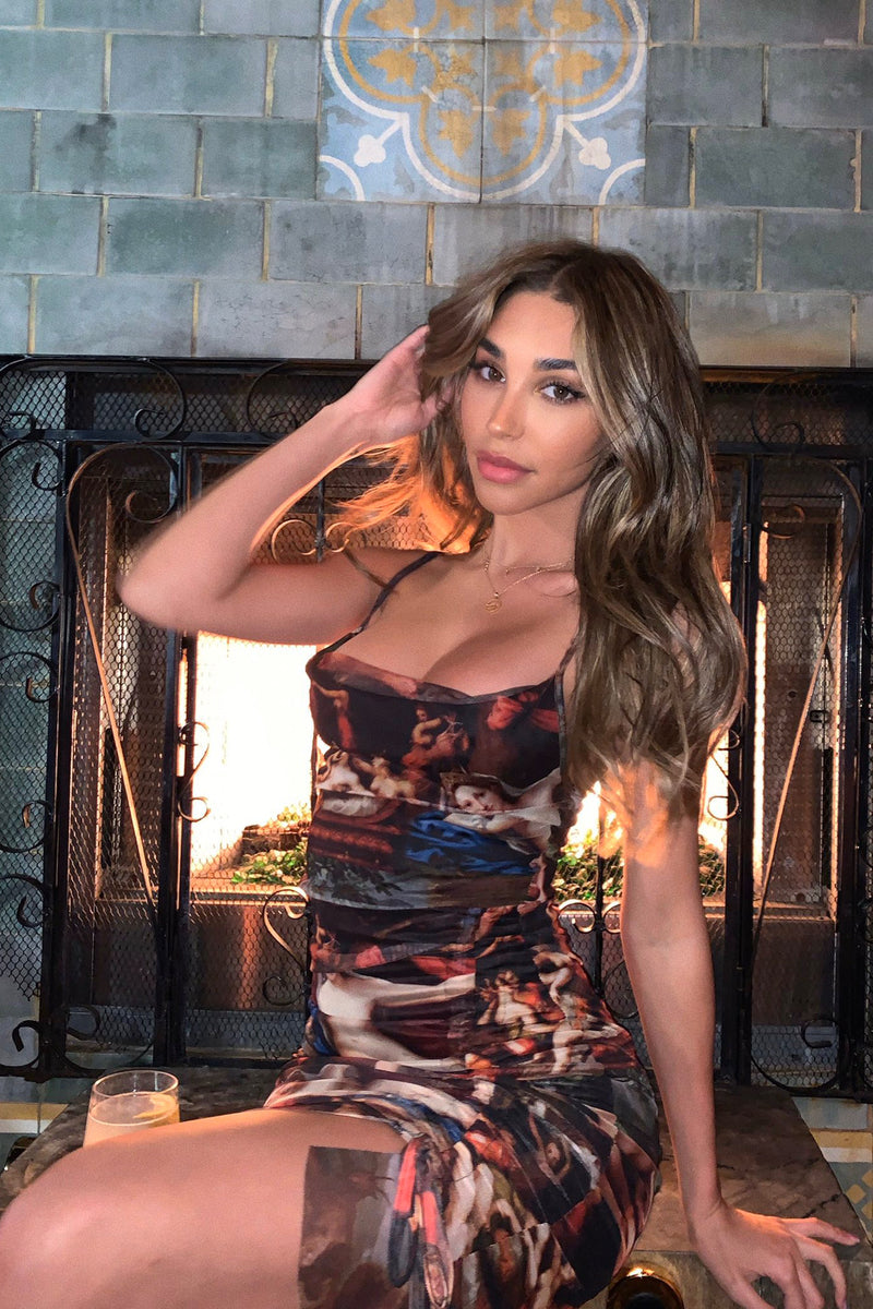 Multi Renaissance Print Ruched Bodycon Dress