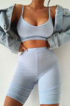 Light Blue Rib Crop Top & Cycle Short Set
