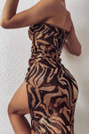 Brown Animal Print Thigh Split Maxi Dress