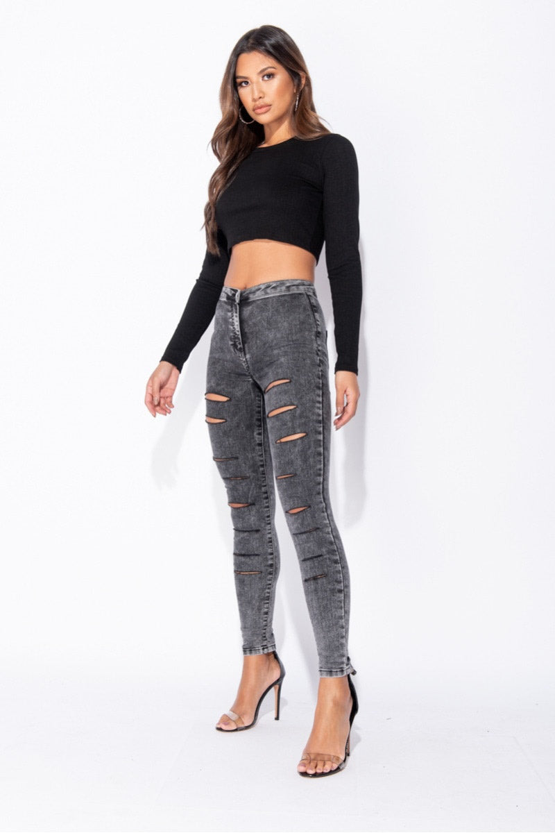 Charcoal Multi Slash High Waisted Jeans