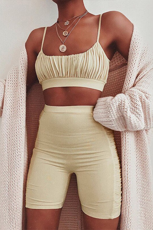Beige Ruched Crop Top & Cycle Shorts