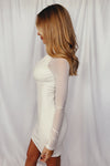 White Ribbed Mesh Sleeve Turtleneck Mini Dress