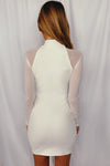 White Ribbed Mesh Sleeve Turtleneck Mini Dress