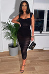 Black Sheer Mesh Ruched Bodycon Midaxi Dress