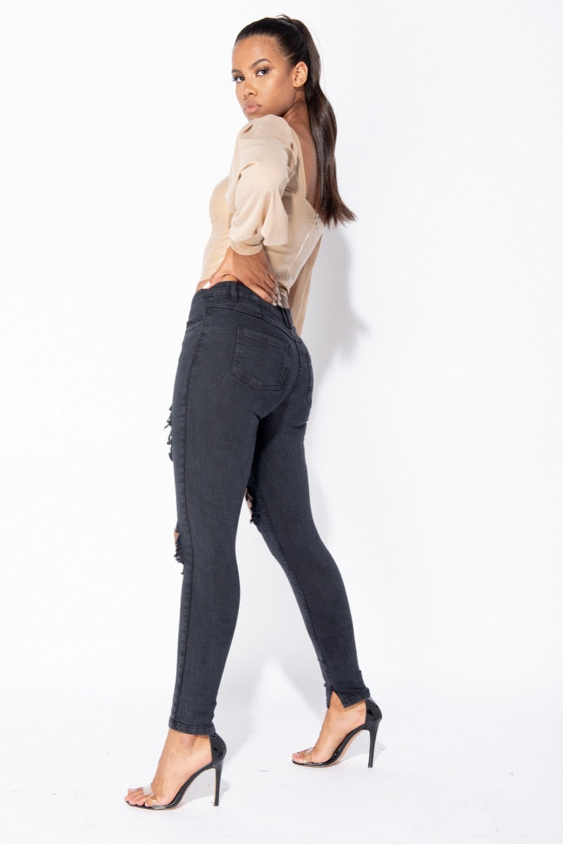 Washed Black High Waisted Ripped Skinny Jeans